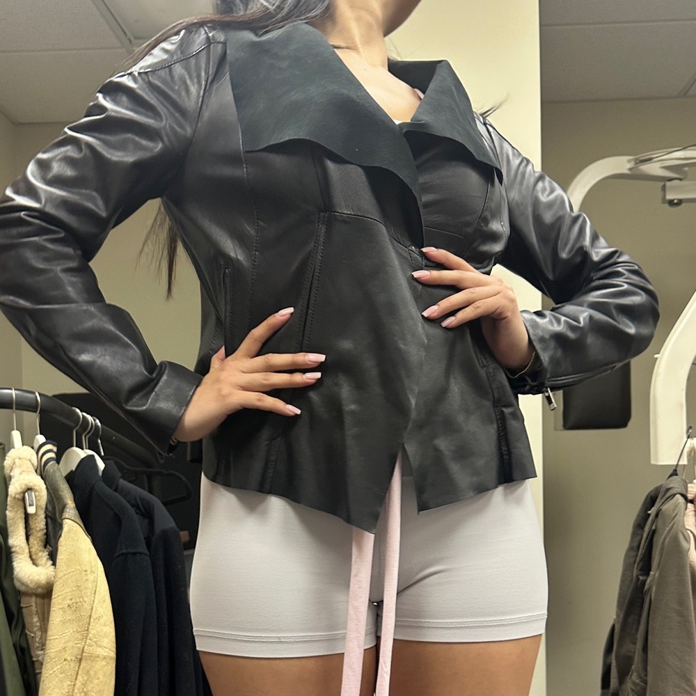 Women's Black Leather Jacket with Draped Collar